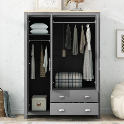 JUJABU Three Door Storage Wardrobe with Cabinets and Two Hanging Rods,Gray
