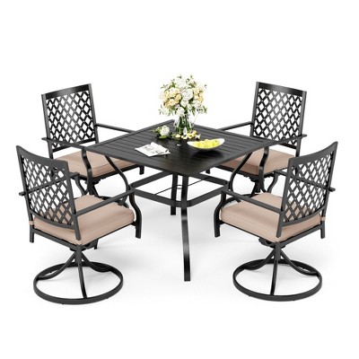 Captiva Designs 5pc Patio Slat-top Square Steel Dining Table with Umbrella Hole & Metal Arm Chairs