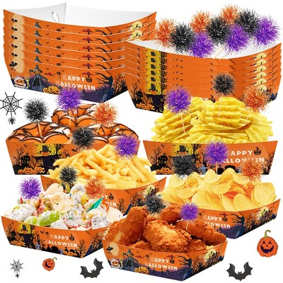 Hachikiko 72 Pcs Halloween Party Supplies - Paper Food Trays with Decorative Picks, 5.5"×3.1"×1.7", Halloween Party Decorations & Trick-or-Treat