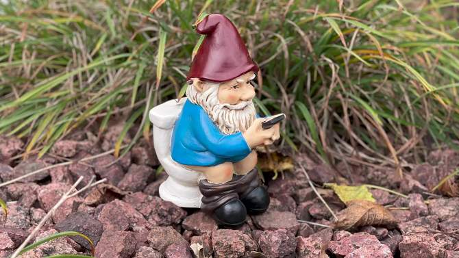 Sunnydaze 9.5-Inch Cody the Garden Gnome on the Throne Reading His Phone Sculpture - Funny Lawn Decoration - Blue, 2 of 10, play video
