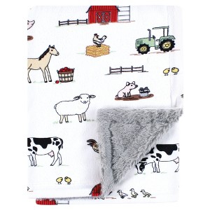 Hudson Baby Plush Blanket with Furry Binding and Back, Farm, One Size - 1 of 2