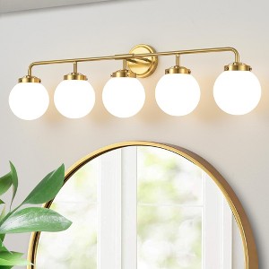 POWLIG 38.98-in 5-Light Gold Bathroom Light Fixtures Over Mirror Vanity Lighting with Milk White Glass Globe Shades - 1 of 4