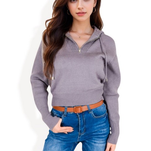 Anna-Kaci Women's Cropped Knit Hoodie with Zip Neck and Ribbed Detailing - image 1 of 4