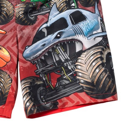 Monster Jam Little Boys' Allover Print Elastic Waist Drawstring Board Shorts Black Red Tread 4 — фото 5