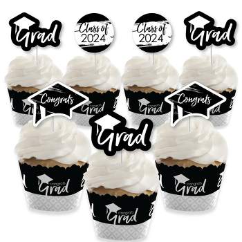 Big Dot of Happiness 2024 Black and White Graduation Cupcake Decoration - Party Cupcake Wrappers and Treat Picks Kit - Set of 24