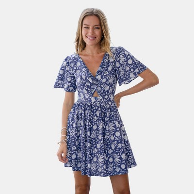 Women's Floral Print Tie-Front Puff Sleeve Mini Dress - Cupshe