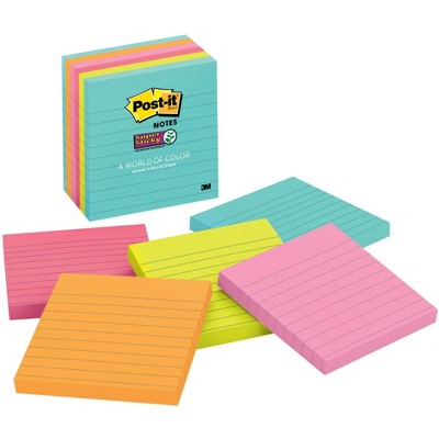 Post-it Super Sticky Lined Notes, 4 x 4 Inches, Miami Colors, 6 Pads with 90 Sheets