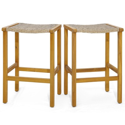 Tangkula Outdoor Wood Bar Stools Set of 2/4 30” Bar Height Acacia Wood Stools with PE Rattan Saddle Seat Outdoor Wicker Bar Chairs