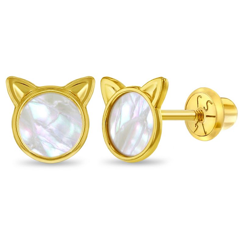 Girls' Mother of Pearl Kitty Screw Back 14k Gold Earrings - In Season Jewelry, 1 of 7
