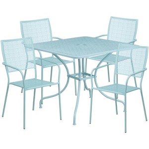 Flash Furniture Oia Commercial Grade 35.5" Square Sky Blue Indoor-Outdoor Steel Patio Table Set with 4 Square Back Chairs - 1 of 4