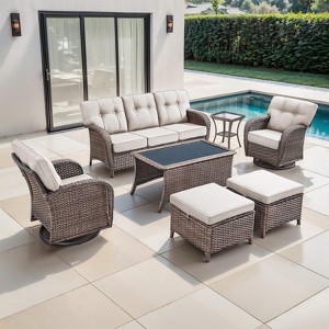 Belord Outdoor Patio Furniture Set with 5" Thick Cushions, Brown Wicker 7 Piece Patio Furniture Set with Swivel Gliding Rocker Chairs and Sofa Couch - 1 of 4