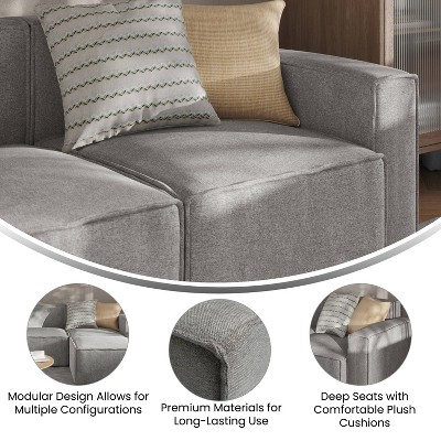 Gray Fabric Modular Right Armrest Side Chair with Solid Wood Frame