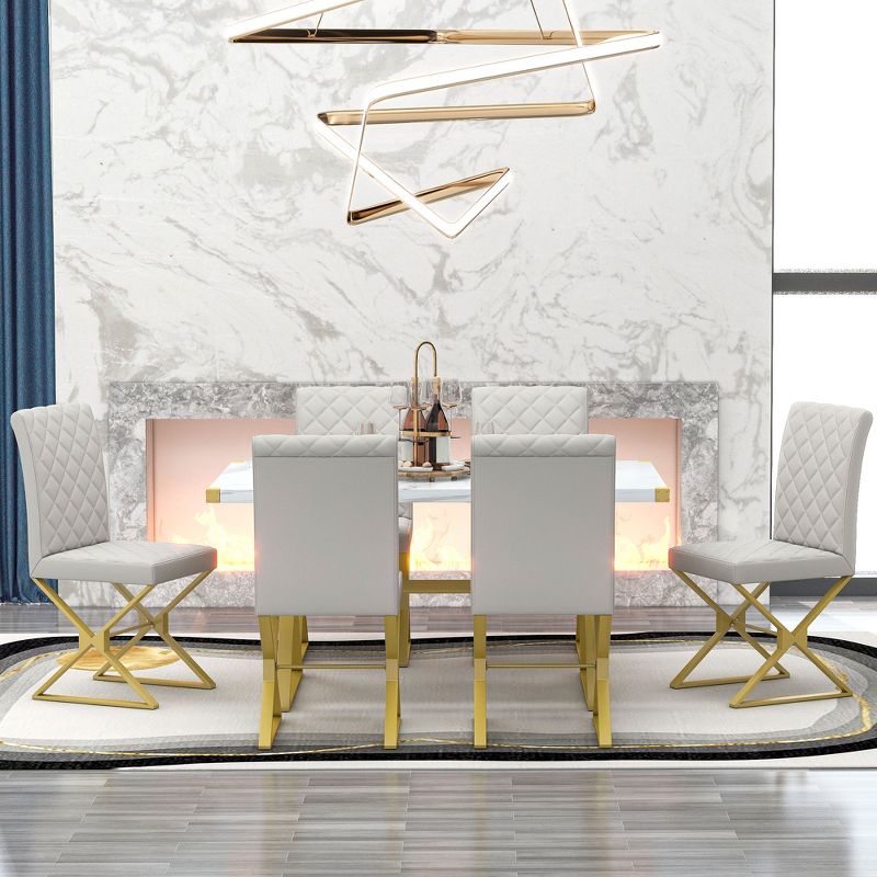 7 PCS Modern Dining Table Set, Marble Texture Kitchen Table and 6 PU leather Chairs with X-Shaped Gold Steel Pipe Legs, White+Gold-ModernLuxe, 3 of 13