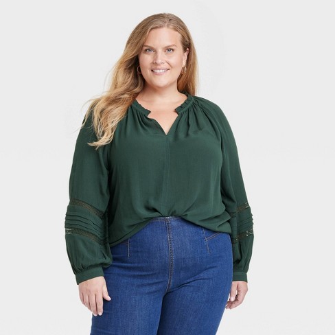 Women's Long Sleeve Lace Blouse - Knox Rose™ Dark Green 1x : Target