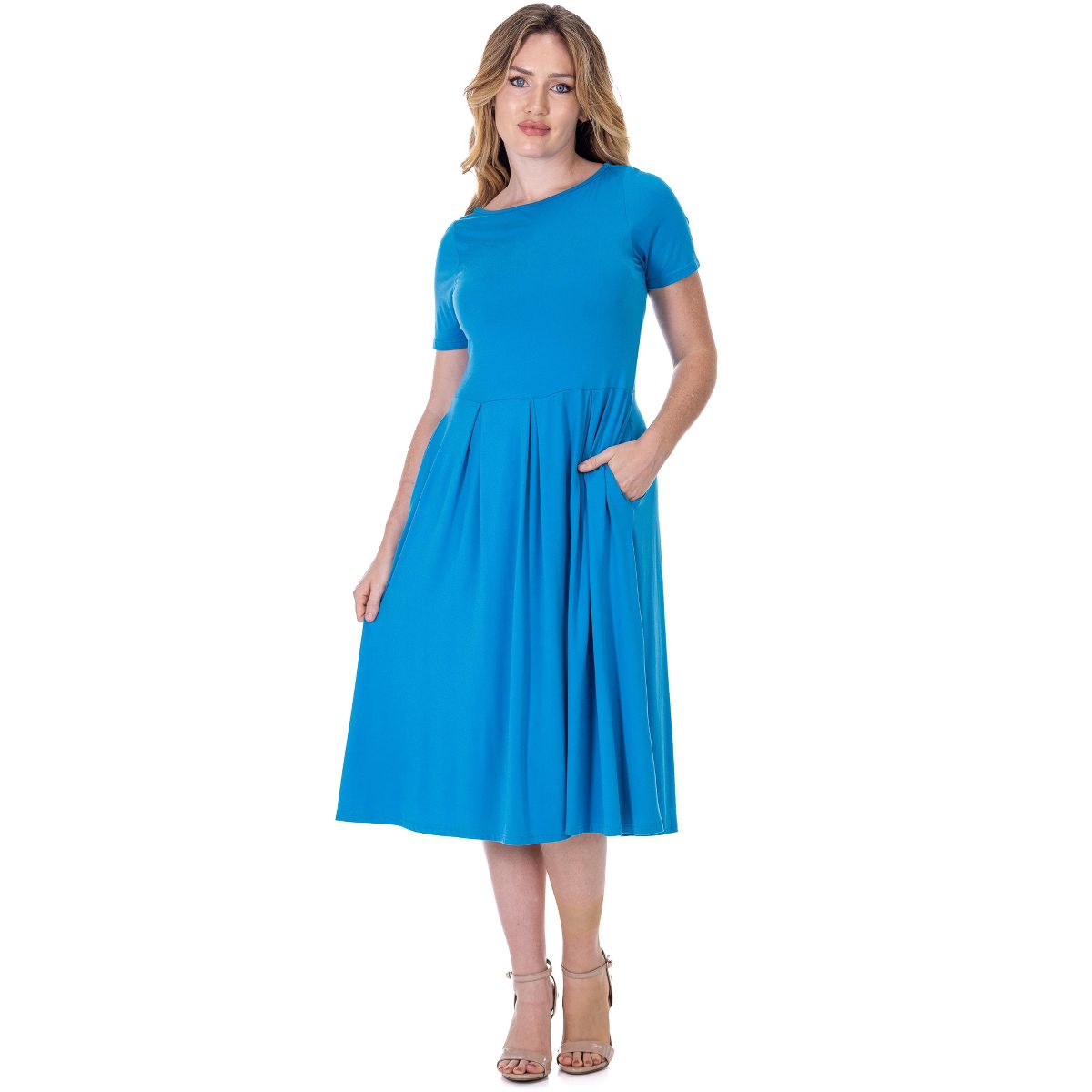 Womens Short Sleeve Boat Neck Pleated Flared Pocket Midi Dress - 24seven Comfort Apparel™ - thumbnail 9