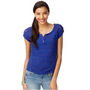 Aeropostale Womens Sheer Mixed Knit Henley Sweater, Blue, X-Large - 1 of 2