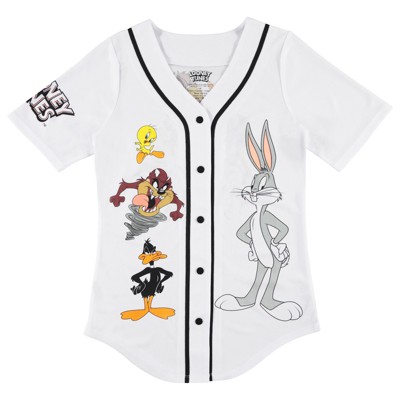 Ladies Looney Tunes Baseball Jersey - Lola Bunny, Tweety, Bugs and Taz Mesh Button Down Baseball Jersey