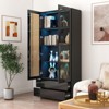 SKRAN Display Cabinet with Glass Doors, Curio Storage Cabinet with 2-Drawer, Bookcase with LED Lights, Black - 2 of 4