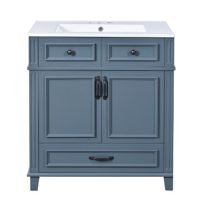 Vynxaria 30 inch Cobalt Blue Retro Style Single Sink Freestanding Bath Vanity with White Ceramic Top One Full Extension Drawer Two Soft Close Doors
