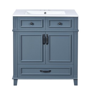 Vynxaria 30 inch Cobalt Blue Retro Style Single Sink Freestanding Bath Vanity with White Ceramic Top One Full Extension Drawer Two Soft Close Doors - 1 of 4