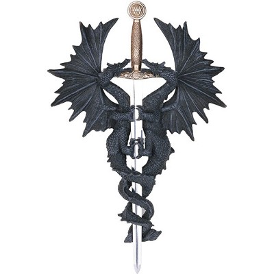 FC Design 15"h Two Black Dragons with Sword Wall Plaque Gothic and Medieval Décor