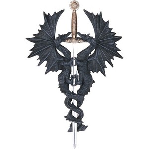 FC Design 15"h Two Black Dragons with Sword Wall Plaque Gothic and Medieval Décor - 1 of 3