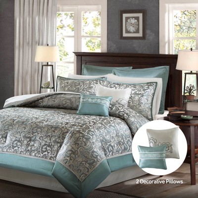 Regency Heights 8Pcs BIAB Faux Silk Paisley Jacquard Comforter Set, Luxury Palace Style Bedding Set with Matching Shams and Pillows, Teal, Queen — фото 2