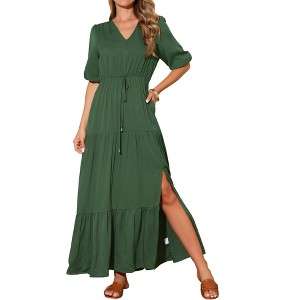 INSPIRE CHIC Women's V Neck Half-Sleeve Drawstring Waisted Tiered Slit A-Line Maxi Dress with Pockets - 1 of 4