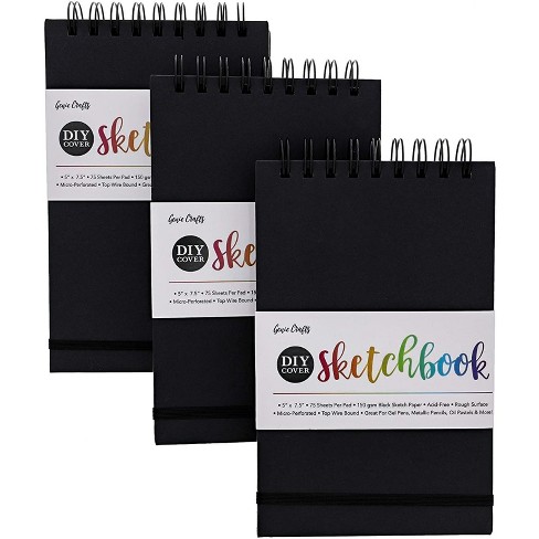 75 Sheets Each Spiral Bound Black Paper Sketch Pad 8.5 x 5 Inches Genie Crafts 3-Pack DIY Cover Sketchbook 