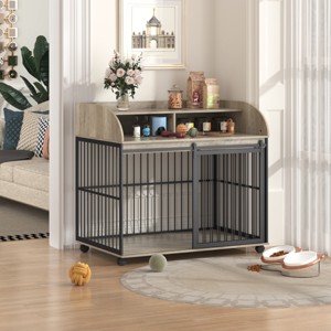 Dog Crate End Table with Sliding Barn Door, Lockable Wheels & Double Storage, 44'' Heavy Duty Furniture for Large & Medium Dogs-3irtyhousy - 1 of 4