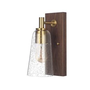 Globe Electric Dark Wood Toned Wall Sconce with Matte Brass Accents and Seeded Glass Shade - 1 of 4