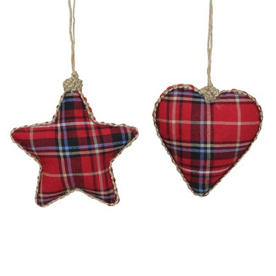 Allstate Floral Set of 2 Red Plaid Heart and Star Shatterproof Christmas Ornaments 5"