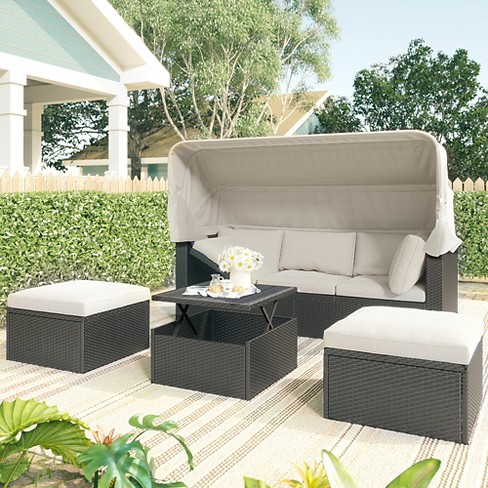 Outdoor Patio Rectangle Rattan Daybed with Retractable Canopy, Cushions and  Lifting Table, Beige-ModernLuxe