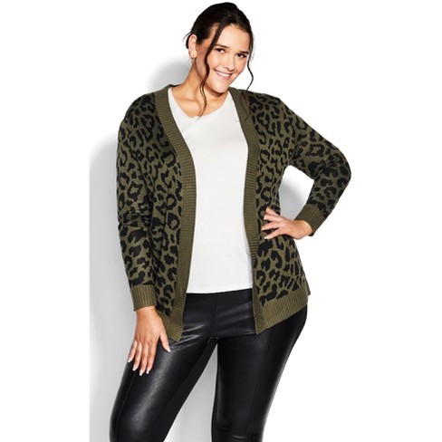 AVENUE | Women's Plus Size Longline Print Cardigan - olive - 20W