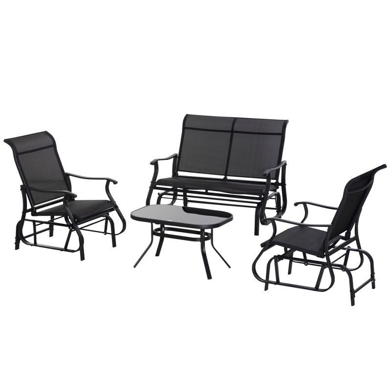 Outsunny 4 Pieces Gliders Set, Outdoor Furniture Sets with 2-Person Glider Patio Bench, Single Sling Chair and Glass Coffee Table, Black, 4 of 7