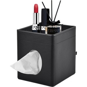 PU Leather Tissue Box Cover with Storage Tray, Square Decorative Organizer for Bathroom Vanity and Office - 1 of 4