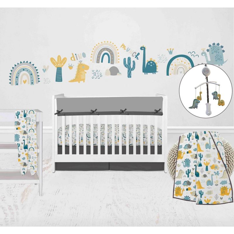Bacati - Little Dino Boys Teal/Yellow Muslin 8 pc Crib Bedding Set with 2 Swaddling Blankets, 1 of 12