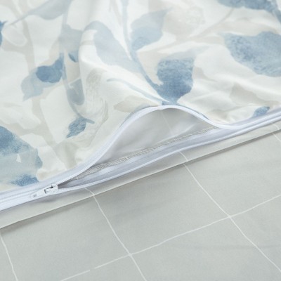 Blue Taupe Layered Leaf Microfiber Queen Duvet Cover Set