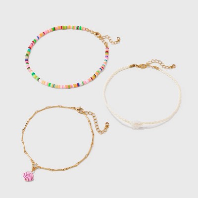 Flower Shell Beaded Chain Anklet Set 3pc - Wild Fable™ Gold/Rainbow