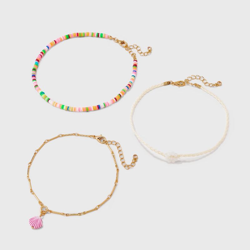 Flower Shell Beaded Chain Anklet Set 3pc - Wild Fable&#8482; Gold/Rainbow, 1 of 5