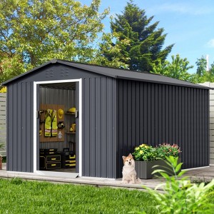 TROPOW 8x15 FT Outdoor Storage Shed, Metal Garden Shed with Lockable Door, and Sloped Roof, Utility Metal Tool Storage Sheds for Backyard, Gray - 1 of 4