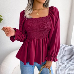 MISSKY Women's Casual Square Neck Shirred Lantern Long Sleeve Frill Trim Flared Hem Blouse Shirt Top - 1 of 4