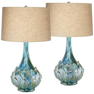 Possini Euro Design Kenya 29 1/2" Tall Modern Coastal End Table Lamps Set of 2 Blue Green Ceramic Beige Shade Living Room Bedroom (Colors May Vary) - 1 of 4