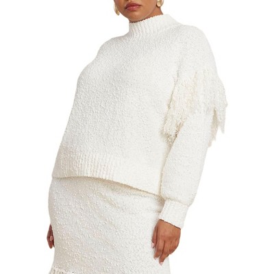 ELOQUII Women's Plus Size Shoulder Fringe Detail Sweater