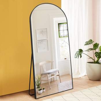 Muselady 65" Height x 30" Width Black Finish Oversize Arch-Crowned Top  Full Length Floor Mirror with Stand-The Pop Home