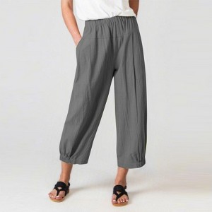 Womens Pants Loose Fit High Waist Linen Harem Cropped Wide Leg Pants - 1 of 3