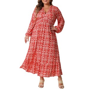 Agnes Orinda Women's Plus Size Boho Floral Deep V Neck Waist Wrap Long Sleeve Loose Maxi Dresses - 1 of 4