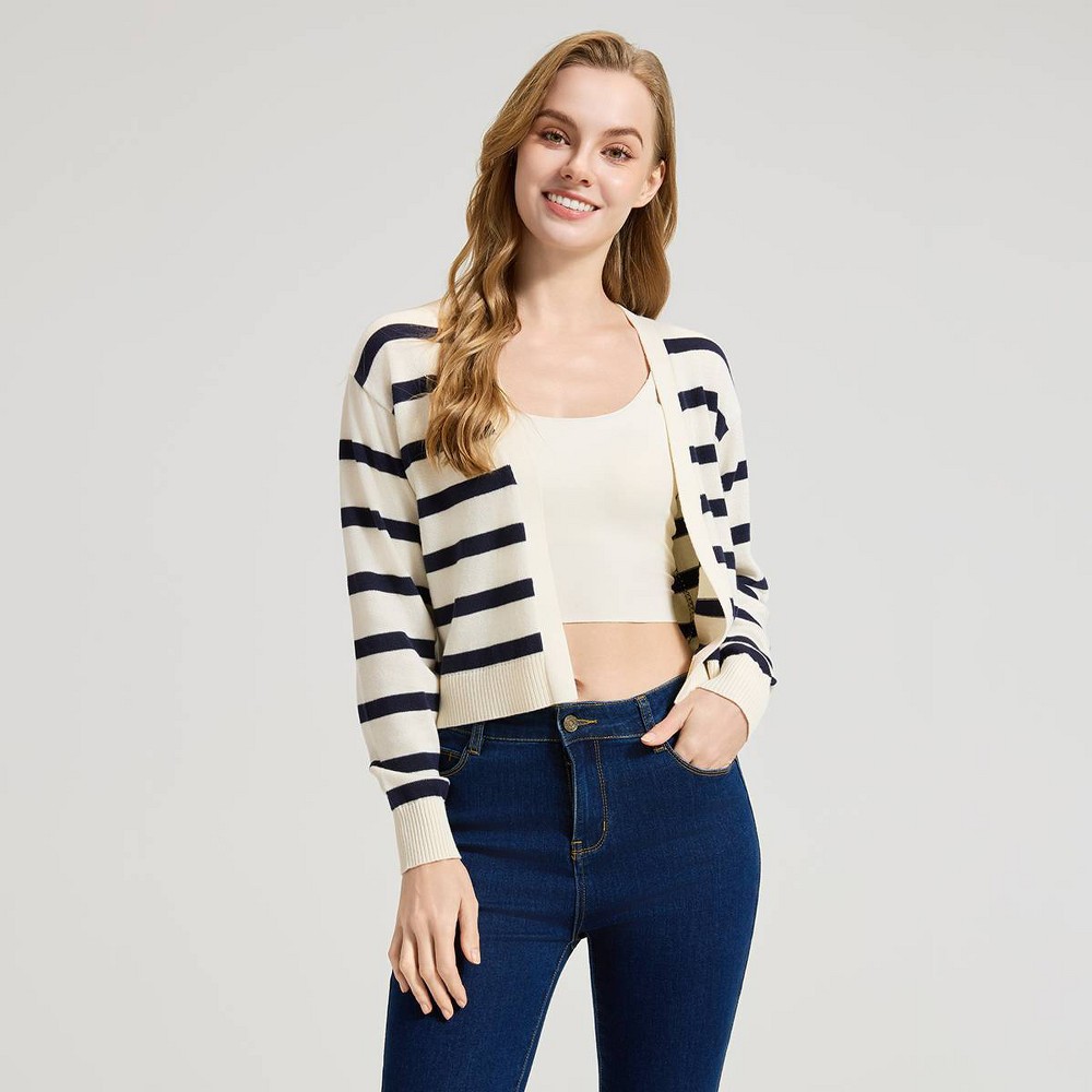 Women's Long Sleeve Open Front Cardigan Sweater - Universal Thread™ Ivory Striped L