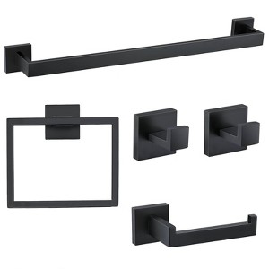 Itopfox 5-Piece Matte Black Bathroom Hardware Set, Stainless Steel Towel Bar, Ring, Toilet Paper Holder & Hooks, Wall Mounted - 1 of 4