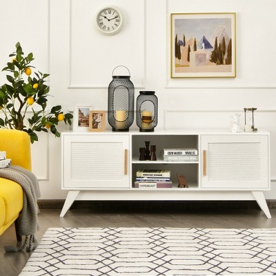White MDF TV Stand with Rattan Cabinets and Open Shelves